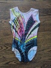 GK Elite Girls' Sleeveless Gymnastics Leotard Pink Multicolor Abstract Design M