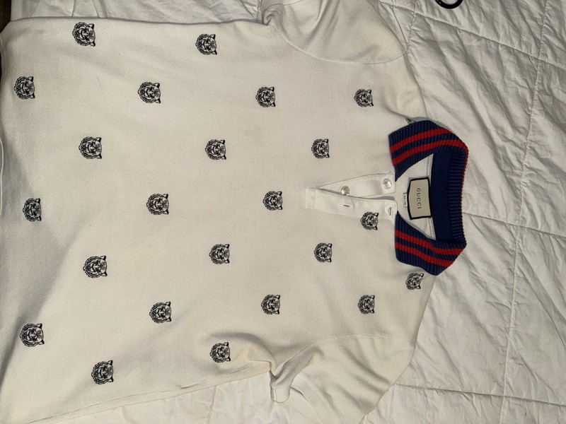 Gucci Men's White Embroidered Tiger Polo Shirt M Blue Red Collar Short Sleeve