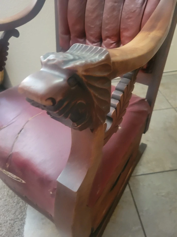 Antique English Estate Leather Rocker Chair 19th Century Carved Vintage Throne - Image 4 of 4