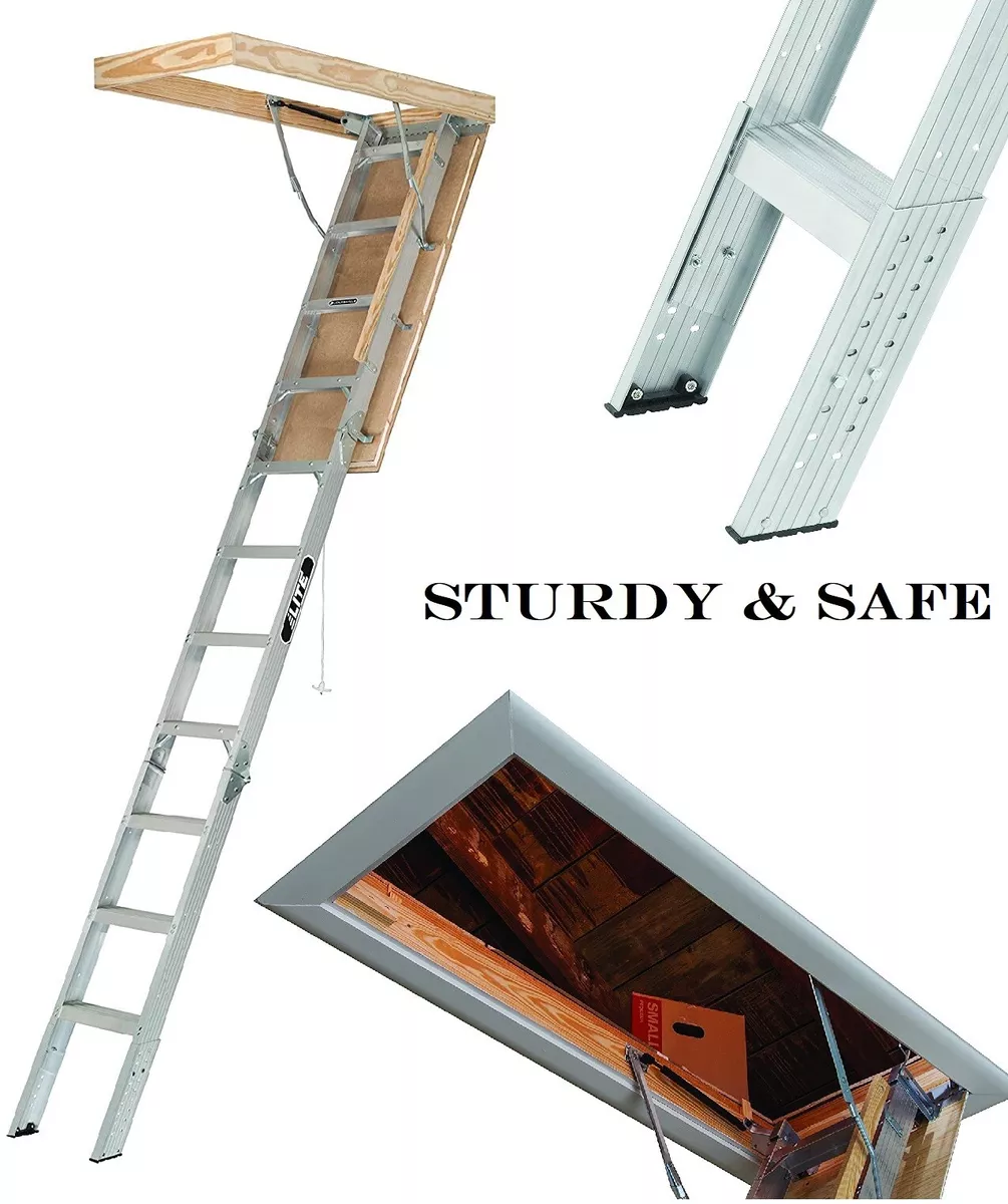 Attic Ladder Pull Down Stairs Steps Ceiling Wood Door 7 Ft Aluminum Attic  Ladder