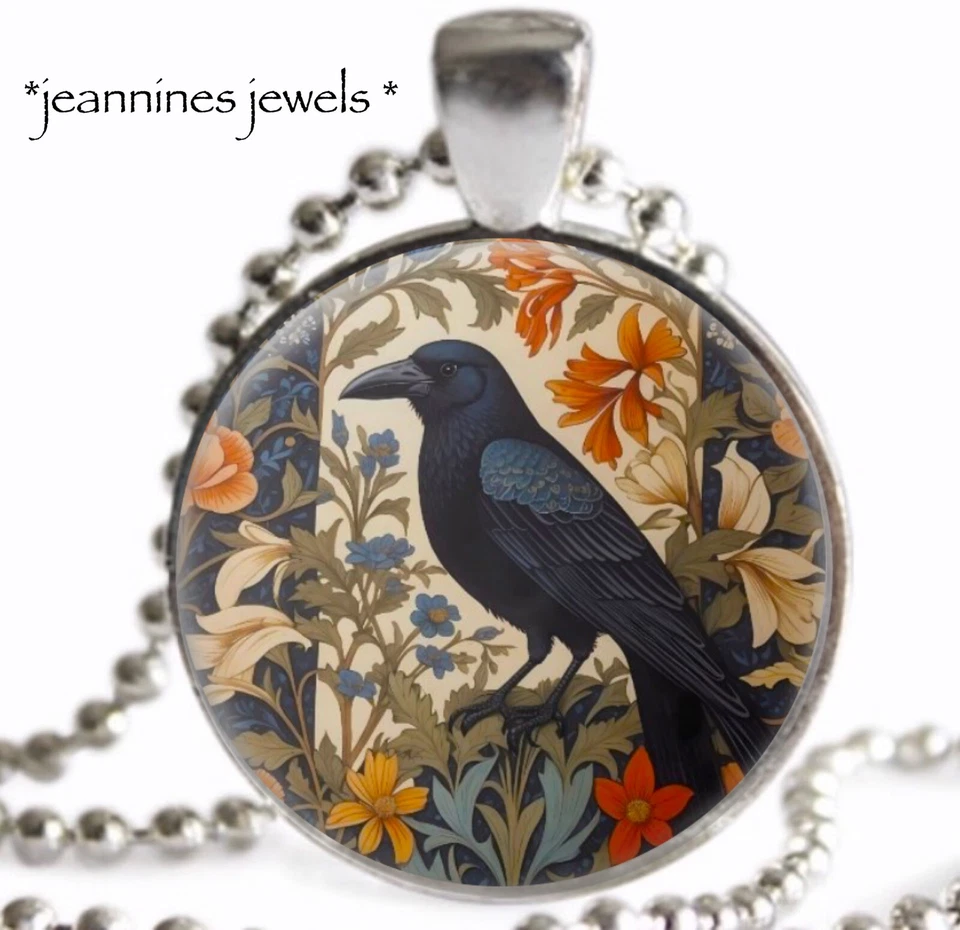 COLLAR Cuervo Negro Cuervo Pájaro Otoño Estampado Art Nouveau Plata Dije Colgante Foto 3 de 4