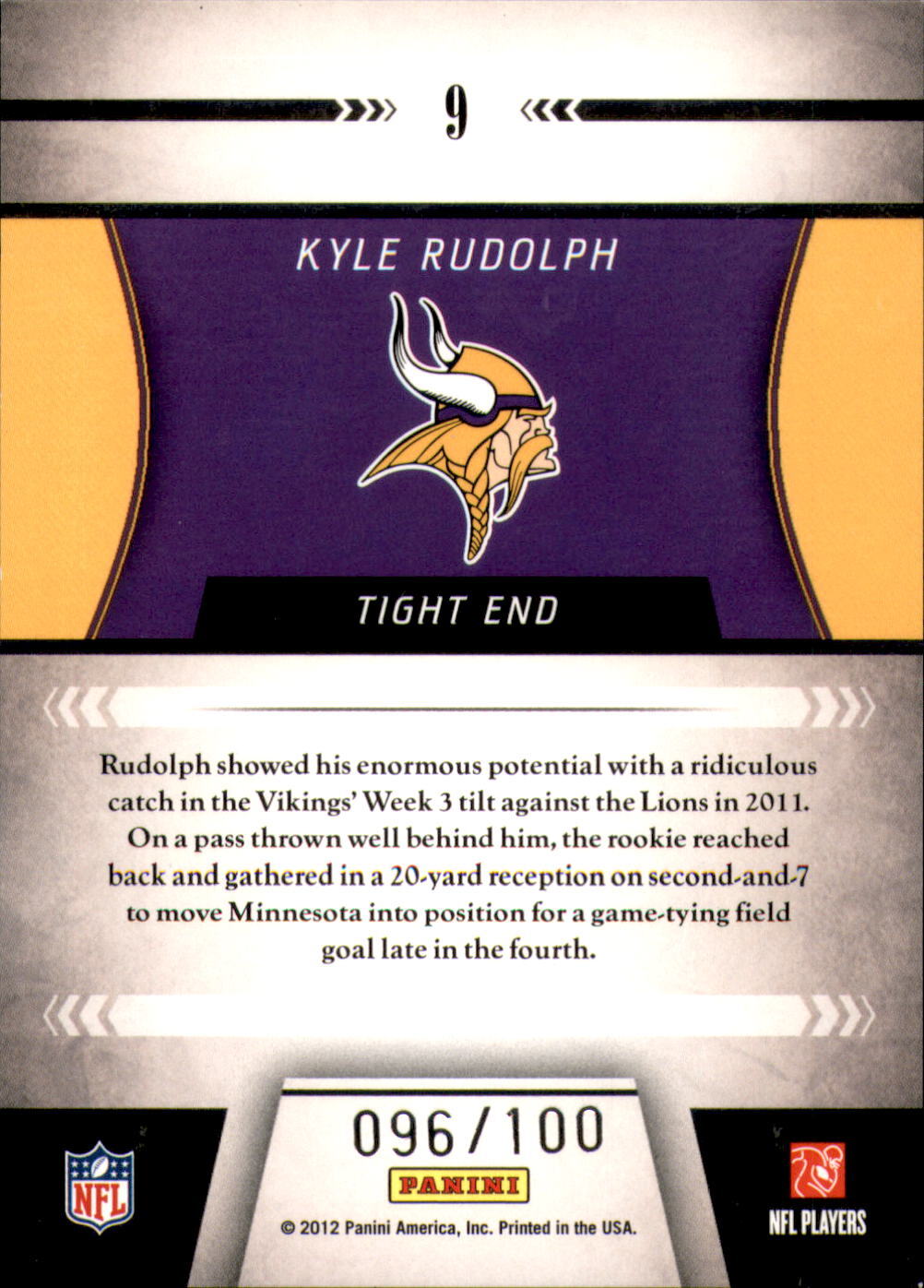 Kyle Rudolph Rookie Card 2011 Playoff Contenders - Rookie of the Year Contenders Kyle Rudolph #9 ...
