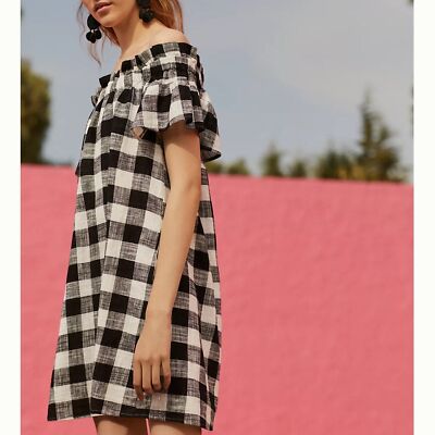 black gingham off the shoulder dress Off The Shoulder Gingham Dresses