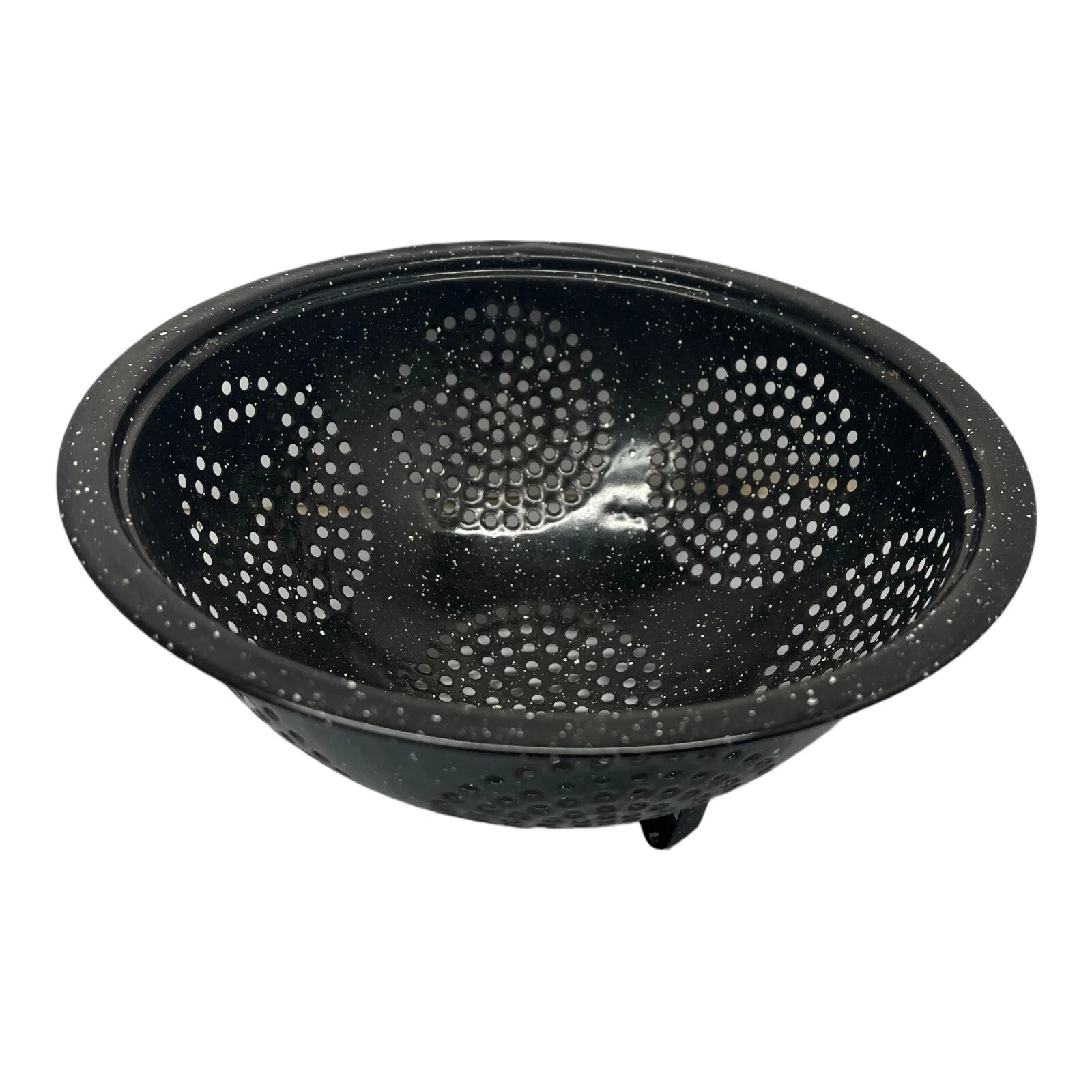 Vtg Black Enamelware Speckled Colander Sieve Strainer Footed Graniteware CHIPPY