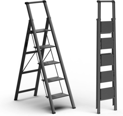 Lightweight Folding Aluminum Ladder Step Stool with Anti-Slip Wide Pedal (Black)