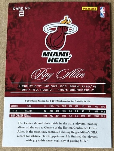 RAY ALLEN HOF 2012-13 PANINI PRESTIGE Card #2 NM-MT Condition - Picture 2 of 2