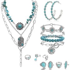 16 Pcs Western Jewelry for Women Bohemian Set, Boho Pendant Long Choker, BJ003