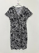 Basque Midi Dress Women 16 Black White Faux Wrap V Neck Short Sleeve Stretch