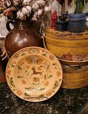 Antique Redware Bowl Handmade 1947 Horse Tulips Hemslojden  Sweden VS 12 1/2"