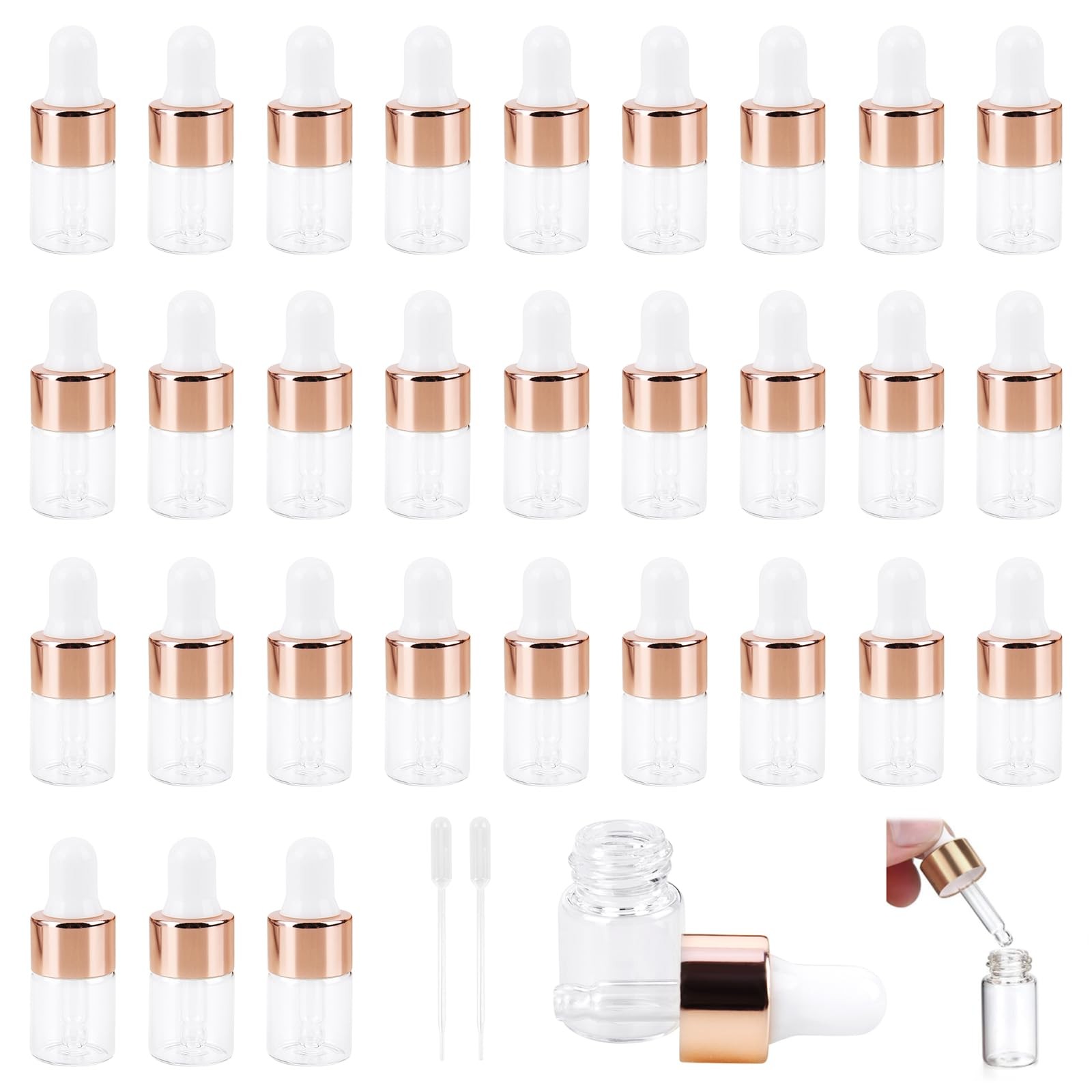 Mini bouteille en verre 2 ml avec pipette transparente pour cosmétiques en lot de 30