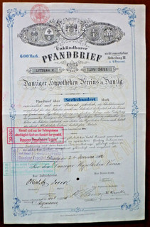 Danziger Hypotheken Verein zu Danzig PL: Gdansk Pfandbrief 600 M 1914 OU SELTEN
