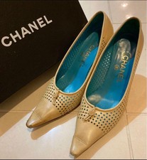 CHANEL Pumps Beige Turquoise Punching Leather Women's Size EU35.5/US5