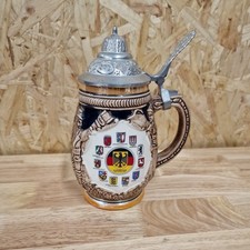 Vintage German Stein Beer Mug Lid Crests Shields King 
