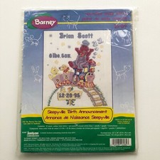 VTG Janlynn Barney Purple Dinosaur Counted Cross Stitch Kit Birth Announcement