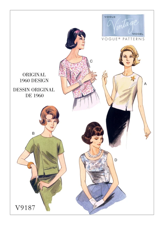 Easy Vogue Patterns Vintage 1960's Retro Tops Scoop/Jewel Neckline V9187 Sz 6~22 - Image 2 of 4