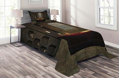 Gothic Quilted Coverlet & Pillow Shams Set, Mystical Room Skulls Print
