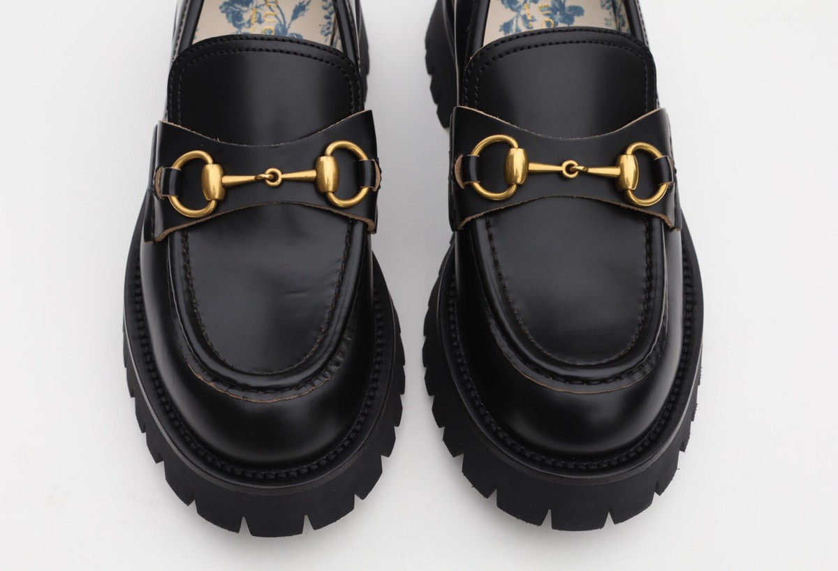 GUCCI 577236 Cordovan Lux Lug Sole Black Gold Horsebit Bee GUCCI 577236 Cordovan Lux Lug Sole Black Gold Horsebit Bee