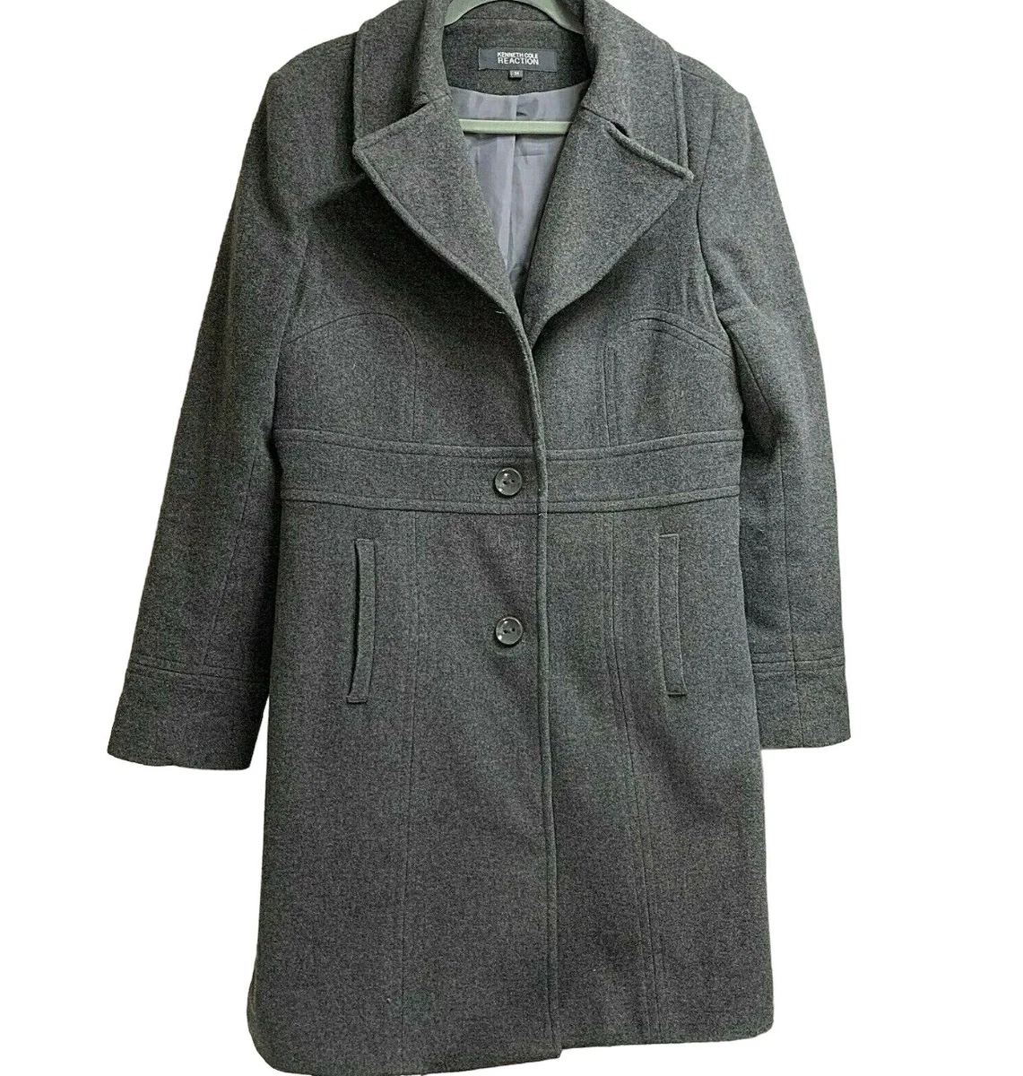 Kenneth Cole Reaction Women s Size 14 Button Front Gray Wool Trench Coat Lined