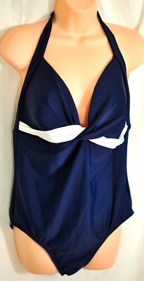 women's merona navy blue one piece swim suit size x large halter style slimming