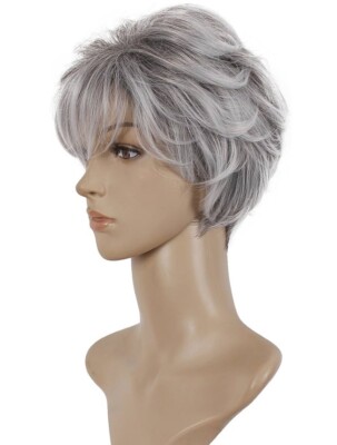 Deifor Old lady Short Messy Curly Synthetic Hair Ombre Gray Synthetic Cosplay