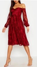 BOOHOO Red Dress strapless Bardot Lace Bordo Uk12 Berry Party Occasion