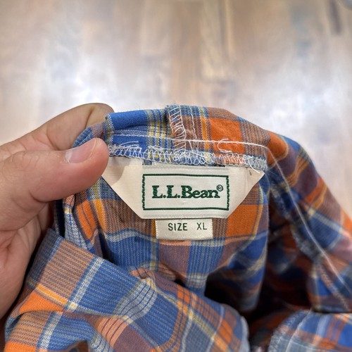 Vintage LL Bean Hoodie Kids XL Blue Orange Plaid Henley Button Up Pullover Logo - Picture 5 of 12
