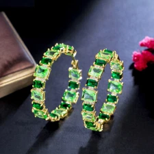 Elegant Light Green Yellow Gold Plated CZ Women Big Square Round Hoop Earrings
