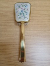 VINTAGE HAIRBRUSH Dressing Table Vanity Set , EMBROIDERED FLORAL, BRASS FINISH