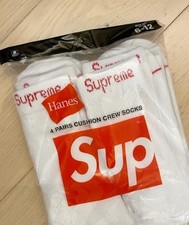 Supreme x Hanes Crew Socks White 4 Pack Size 6-12 Cotton Cushioned NWT