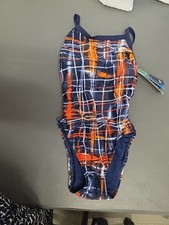 NWT Speedo Womens LaserStick Flyback PowerFLEX Eco Swimsuit Size 30 Navy Orange