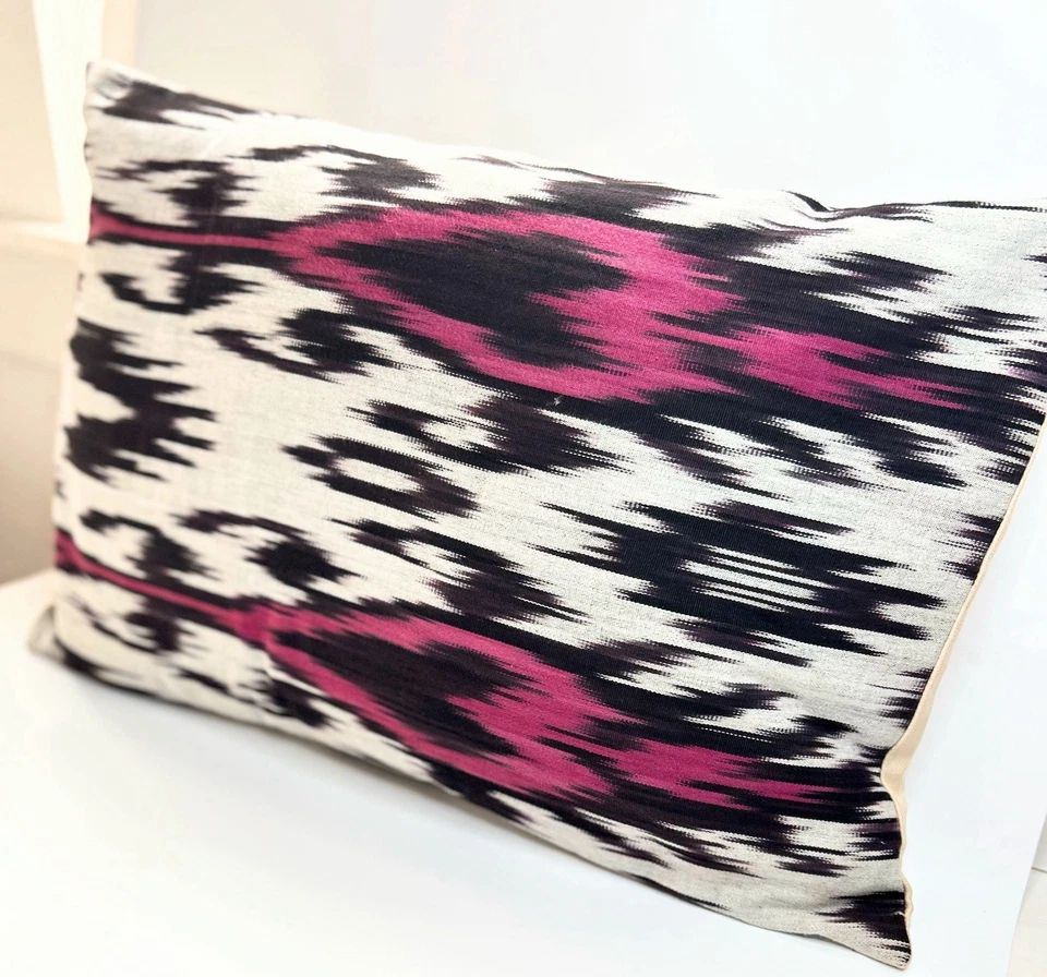 Chiara Ikat Lumbar Feather  Pillow 24”x15 Beautiful Authentic Uzbek Ikat - Image 3 of 4