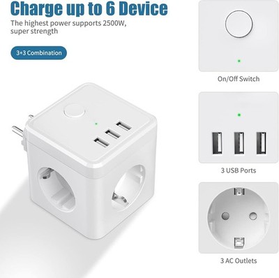 RORRY 3 Steckdosenleiste 3 USB Ladeanschlüsse 6 Ausgänge kompatibel iPhone Wat