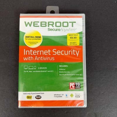 New Webroot Secure Anywhere Internet Security w/ Antivirus Windows 10, 3 Devices