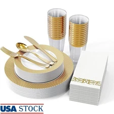 Gold Disposable Dinnerware Set Wedding Party Grid Plastic BPA Free Heavy Safe
