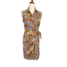Drew Floral Wrap Dress Brown Blue Tie Waist Open Back Pockets Retro Size XS