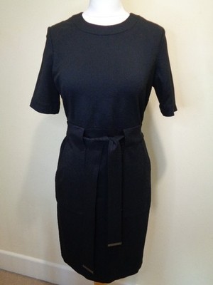NEXT PETITE BLACK SHORT SLEEVE BELTED DRESS WITH POCKETS AND BACK SLIT - SIZE 10