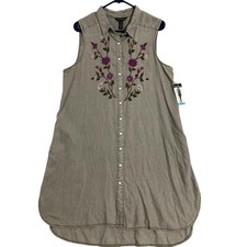 Terre Bleue Sleeveless Dress Women's Large Gray Floral Button Up Embroidered