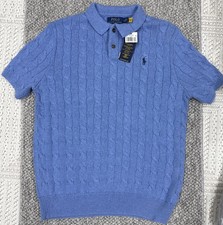 NWT Polo Ralph Lauren Men  s Cable-Knit Cotton Polo-Collar Sweater Royal Blue L
