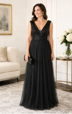 Ever Pretty Sz 14 Black Sequin Bodice Tulle Skirt Maxi Gown Formal Prom Evening