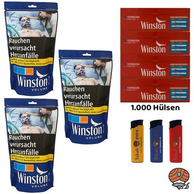 Winston Blau/Blue Volumentabak Beutel 3x 95g, 1000 Winston Extra Hülsen, Zubehör