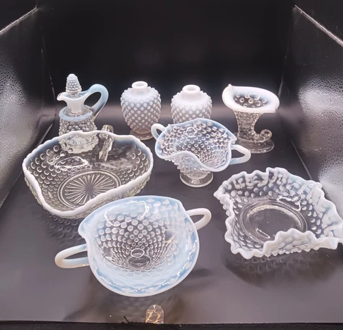 Hobnail Opalescent glass Moonstone lot of 8 Candy dish Ruffled Edge trays Cruet