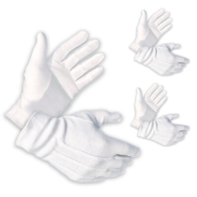 3 Pairs  -Large - 100% White Cotton Marching Parade Formal Attire Costume Gloves