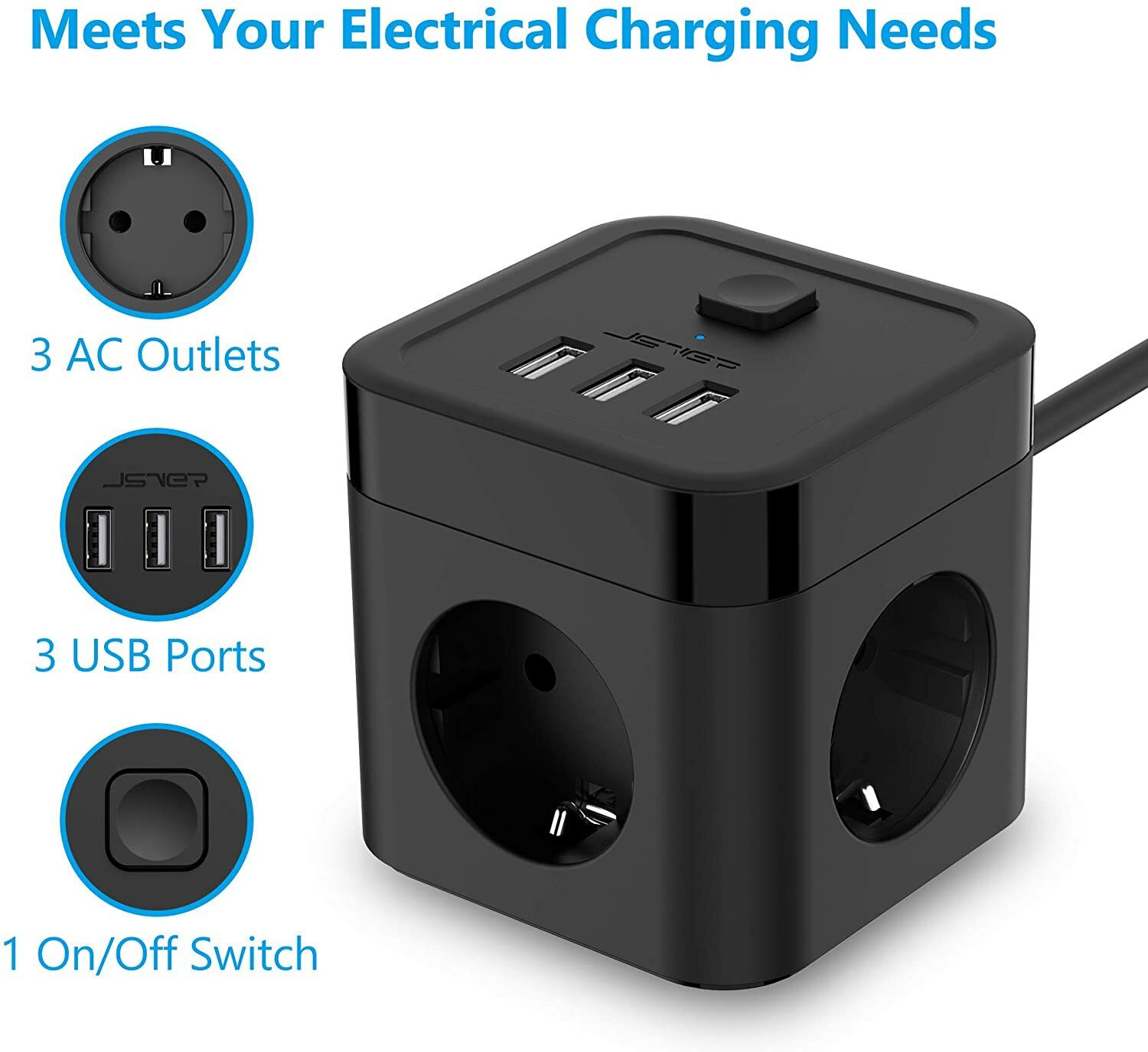 Multiprise Cube JSVER avec 3 Prises et 3 USB : Chargeur de Voyage Compact 5V 3,1A