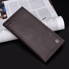 Mens Leather Long Bi-fold Checkbook RFID Blocking Wallets Breast Pocket Billfold