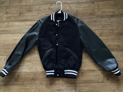 DeLONG Navy Blue Letterman Jacket  Snap Front  Navy Leather Sleeves  X-Small NEW