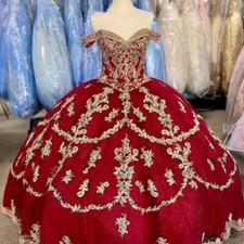 Red Quinceanera Dresses Sweet 16 Off the Shoulder Gold 3D Floral Prom Ball Gown