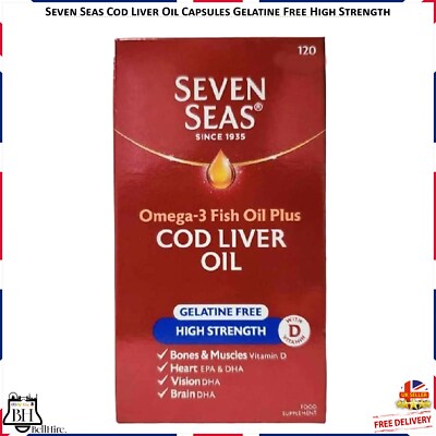 Seven Seas Kabeljau Leberöl Gelatinefrei hohe Stärke + Vitamin D 120 Kapseln
