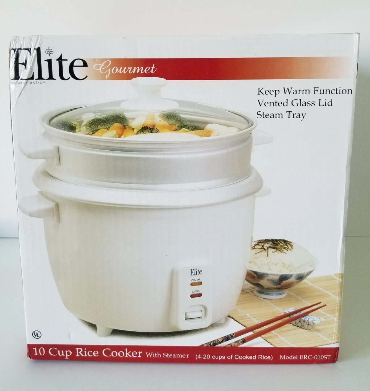 Elite Gourmet ERC-010ST MaxiMatic 10-Cup Rice Cooker w/ Steamer Glass Lid White