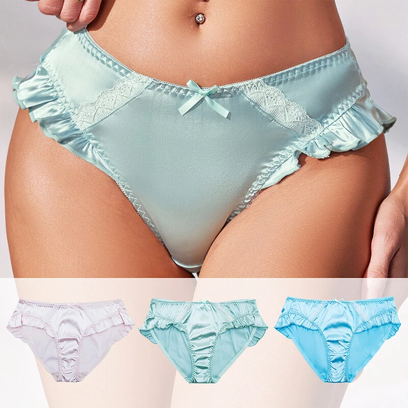 Paquete de 3 bragas sexy de satén para mujer lencería corta volantes ropa interior francesa Foto 2 de 4