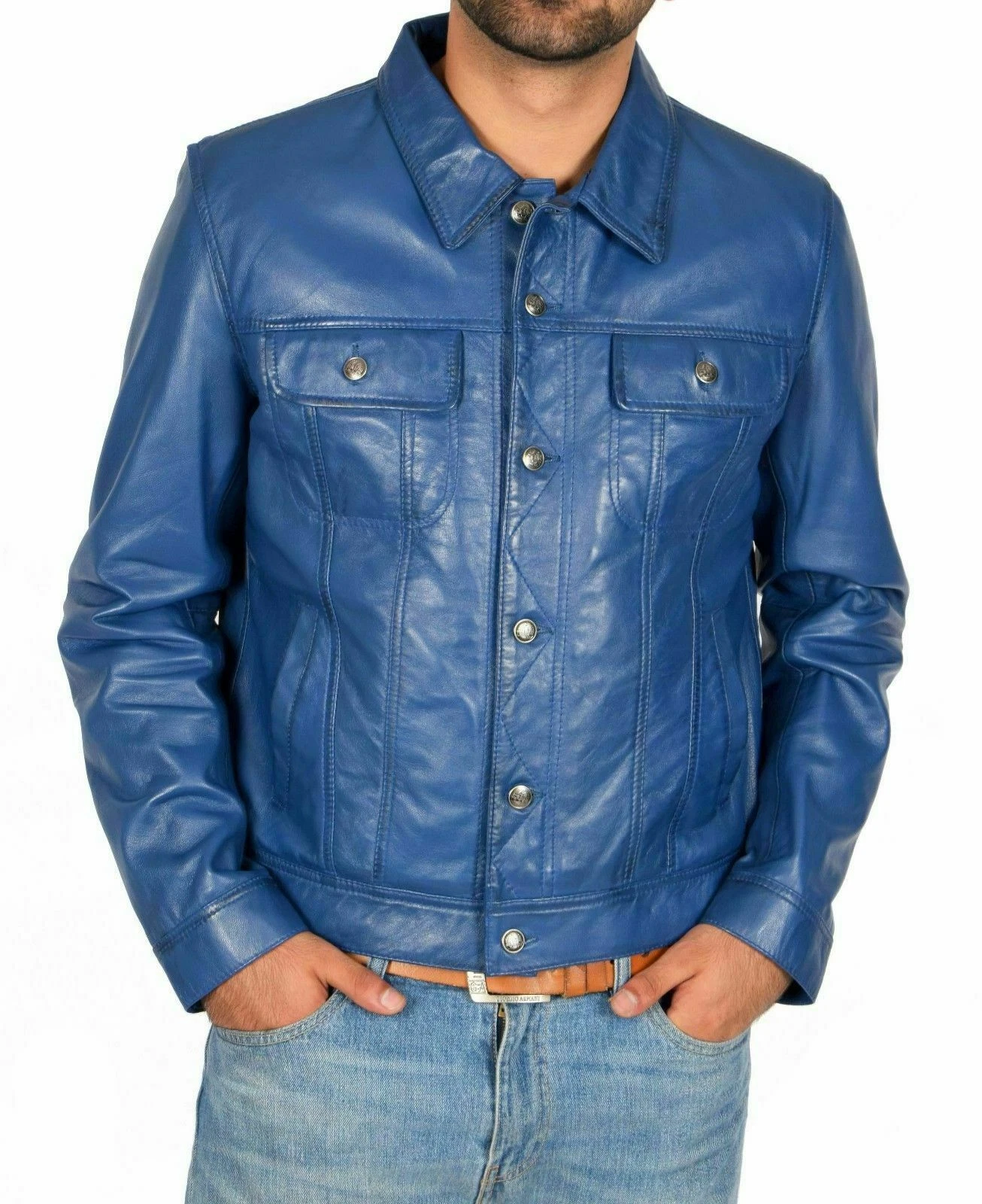 Men's Real Leather Denim Style Trucker Jacket Soft Lambskin Button Up Blue Coat